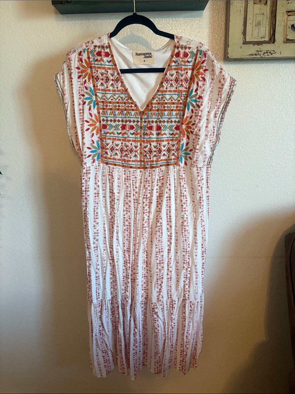 Savanna Jane White Maxi Dress with Colorful Embroidered Yoke